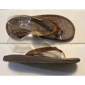 Olukai Paniolo Brown Leather Flip Flops Women's Size 10 Beach Thong Sandals